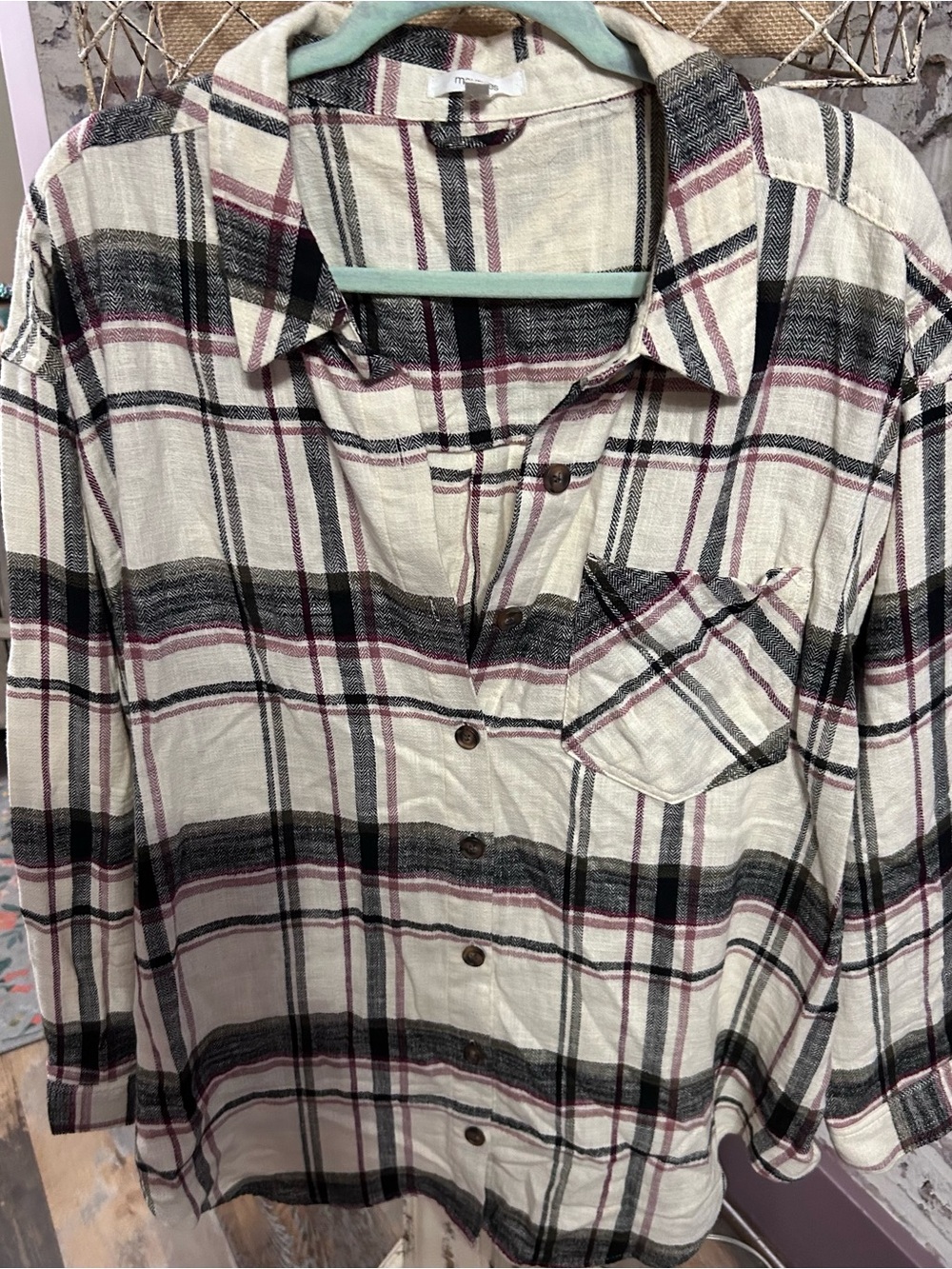 Maurices Cream Plaid Button-Down Shirt with Black & Burgundy Stripes